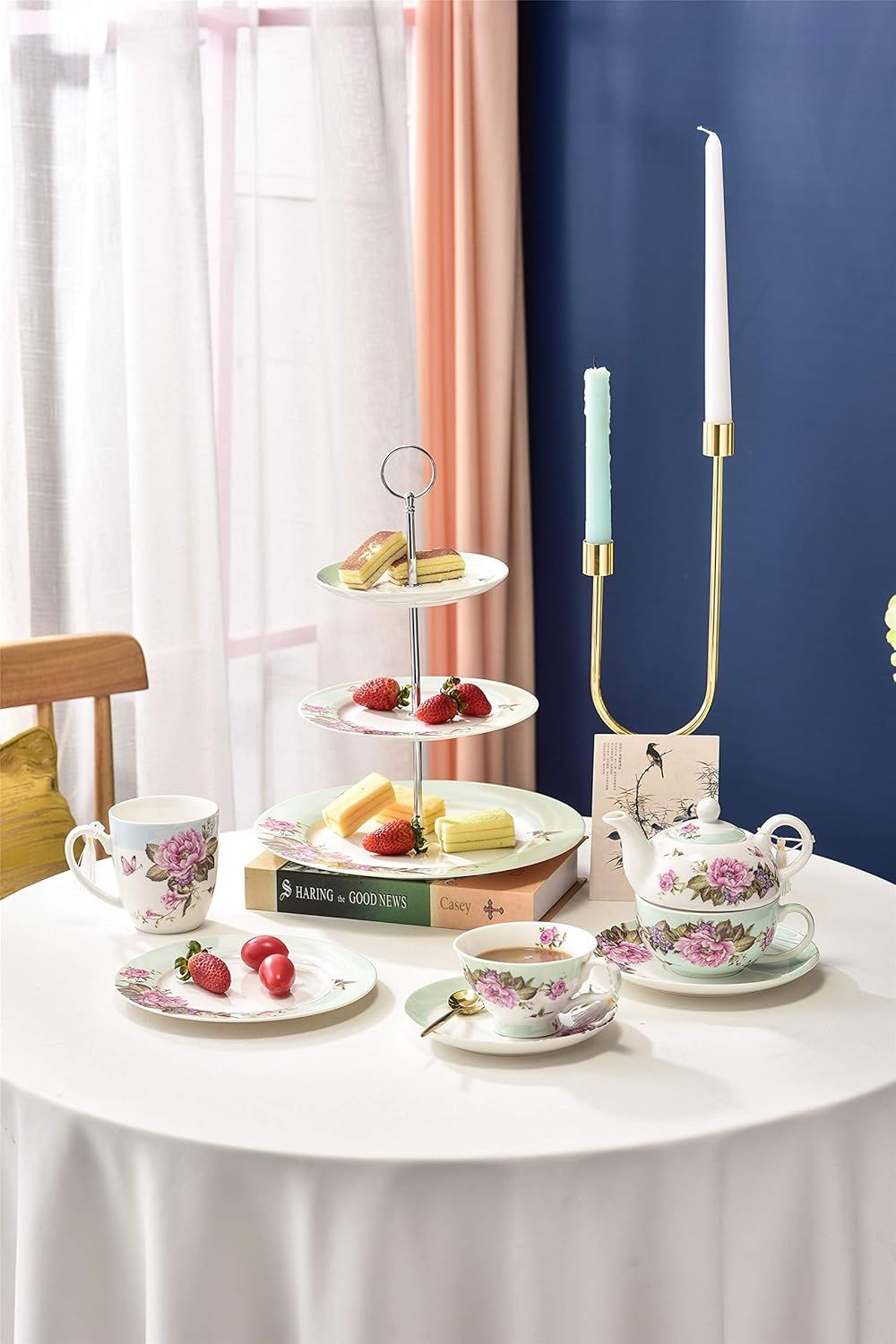 Ensemble de théière, tasse et soucoupe en porcelaine pour une personne à motif floral boîte cadeau