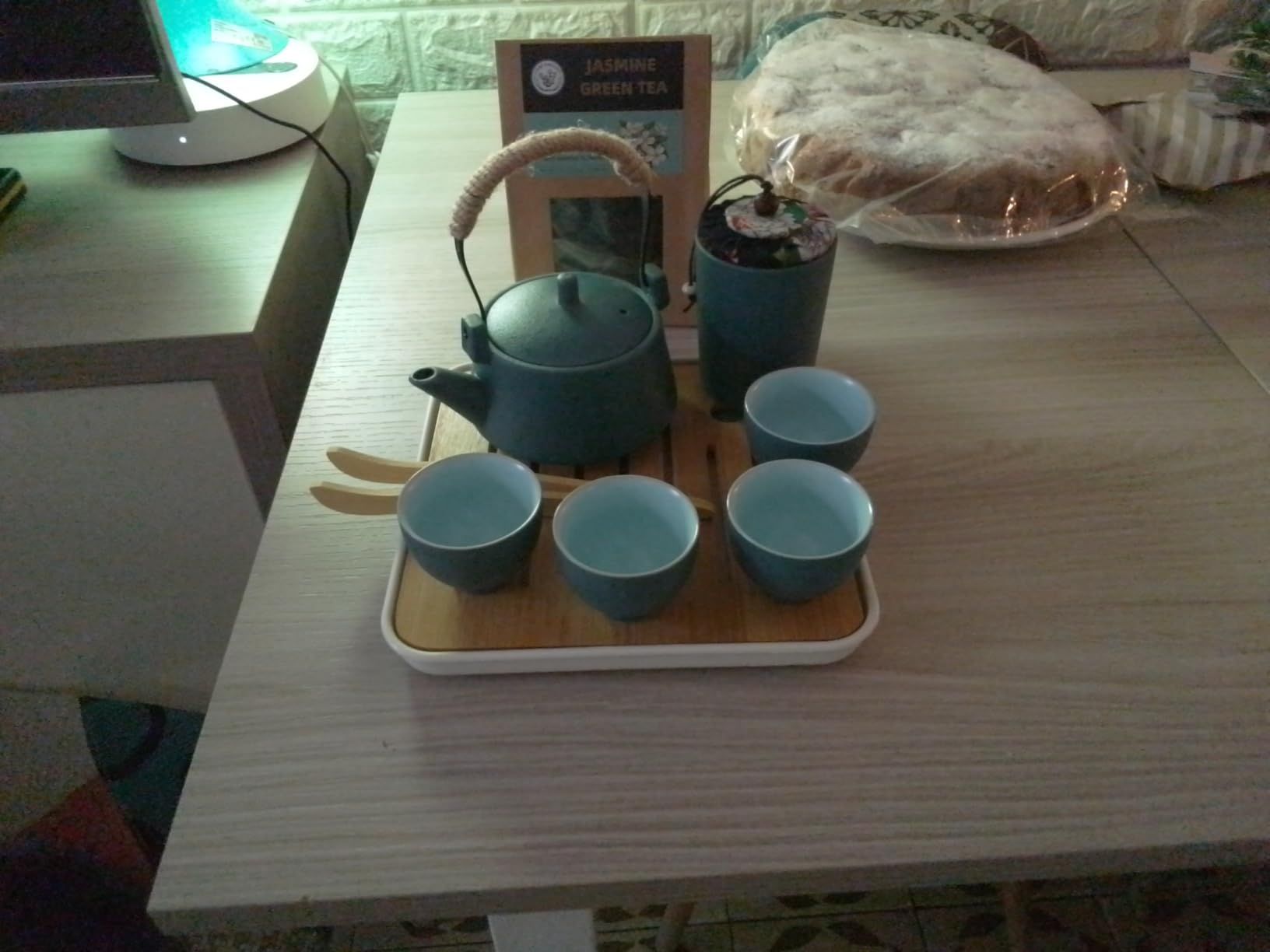 fanquare Service à Thé Vert Japonais pour Adultes, Ensembles de Thé Chinois en Céramique, Service à Thé Portable Kung Fu avec Plateau en Bambou