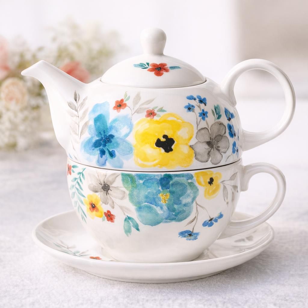 Service à thé en porcelaine pour une personne – Théière florale aquarelle peinte à la main et tasse, cadeau pour femme, fleurs florales