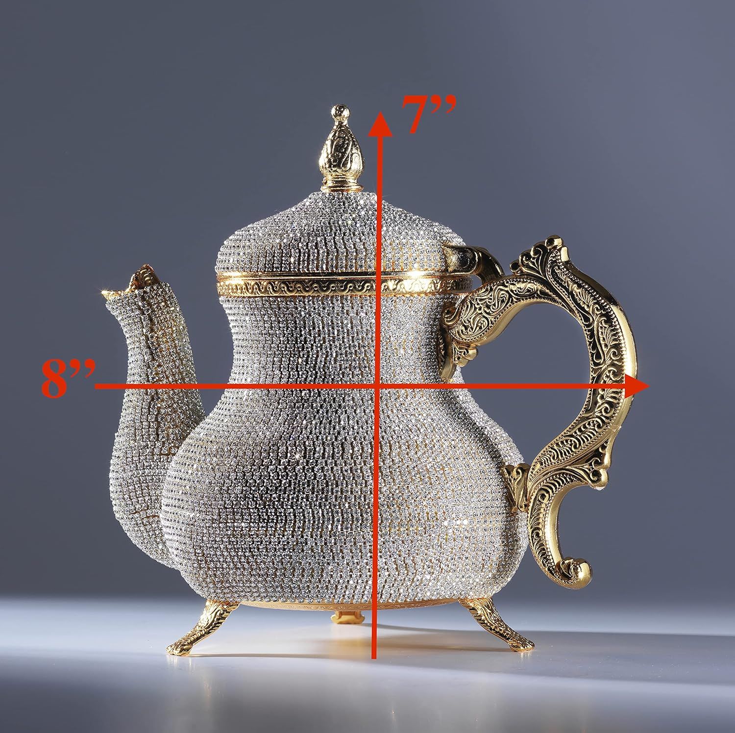 DEMMEX Théière artisanale turque marocaine arabe décorative dorée avec strass en cristal, 1,2 kg, 20,3 x 17,8 cm