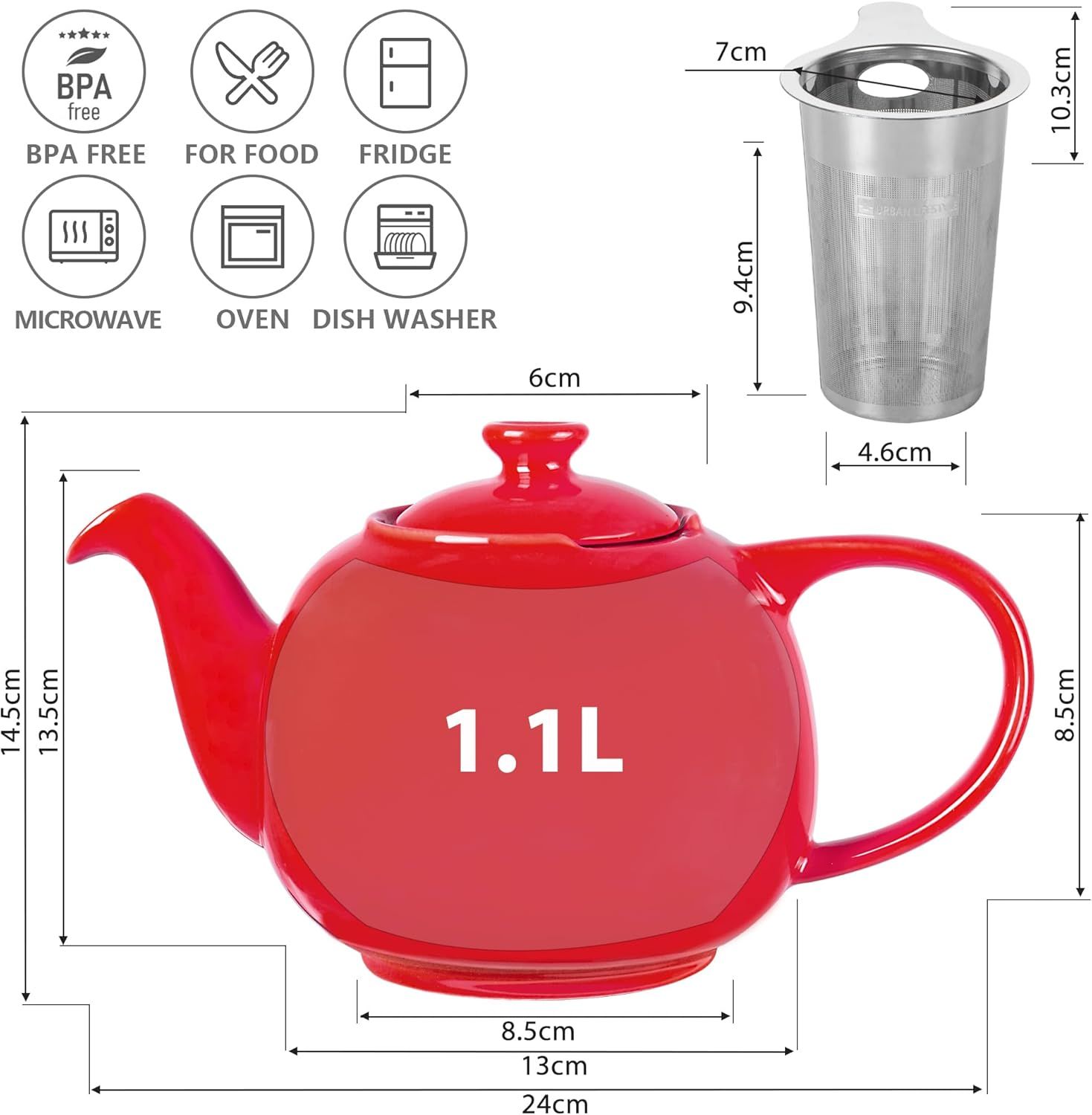URBAN LIFESTYE Théière avec infuseur 1,1 L en porcelaine rouge Théière anti-goutte Infuseur intégré pour thé loose (Swansea)