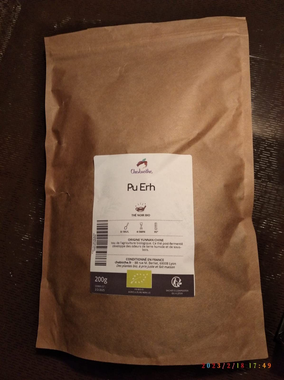 thé pu erh bio en vrac 200g origine yunnan