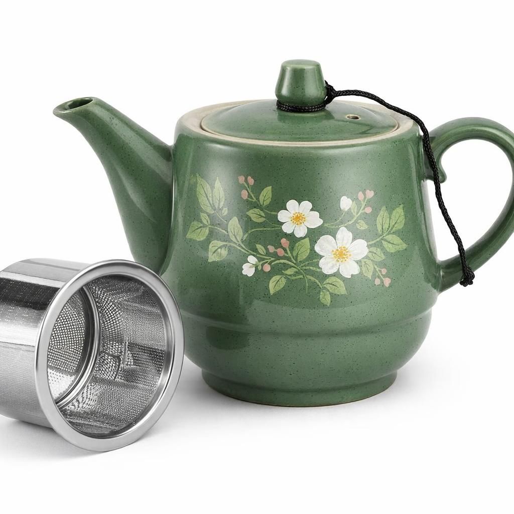 Théière en céramique de style rural avec infuseur en acier inoxydable 473,6 g – Théière en porcelaine fleurie et feuilles mobiles (vert)