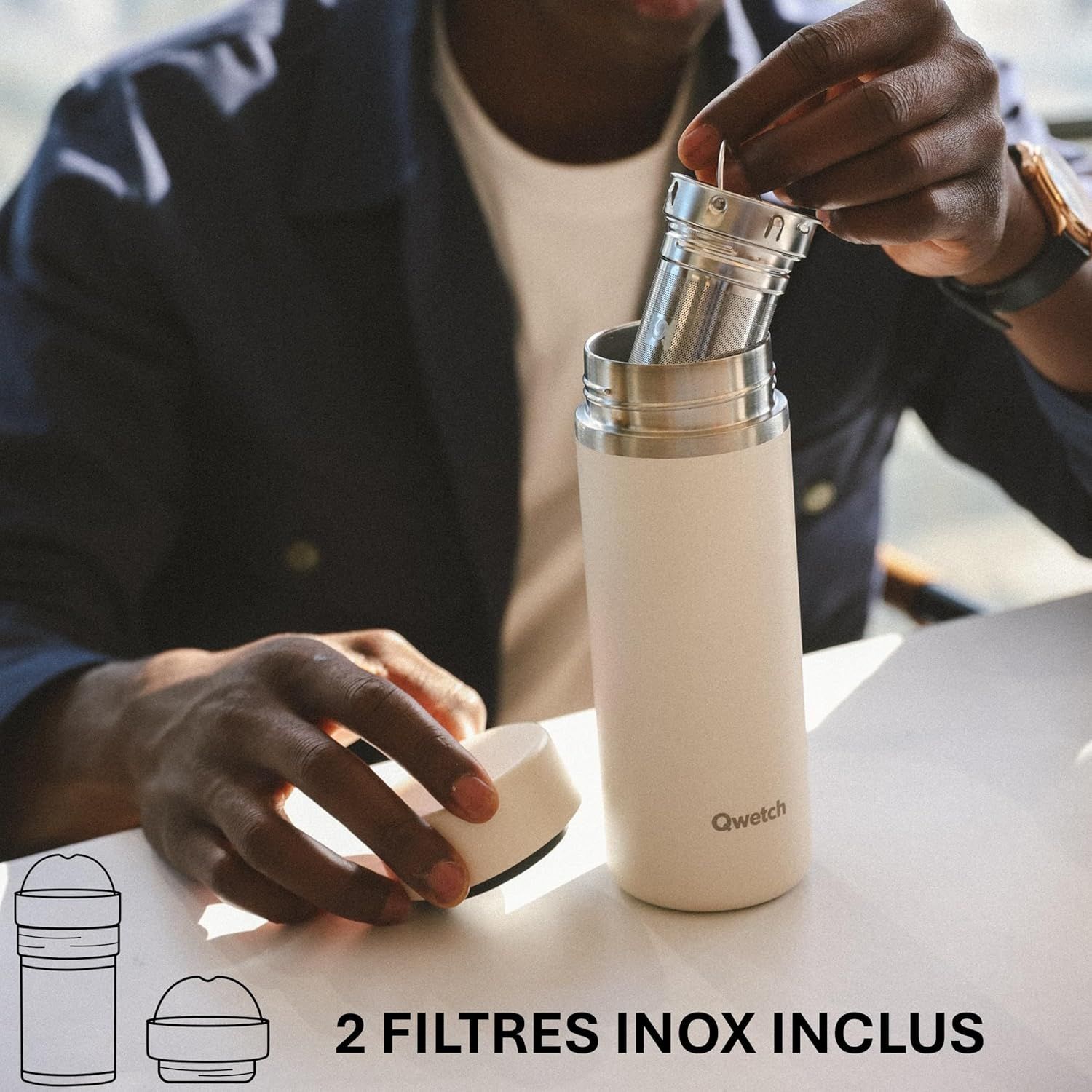 Qwetch - Théière Isotherme Nomade 400ml - Inox Brossé - Infuseur avec 2 Filtres - 12h Chaud / 24h Froid - Étanche, Réutilisable & Durable - Pour Thé, Café, Tisane, Fruits