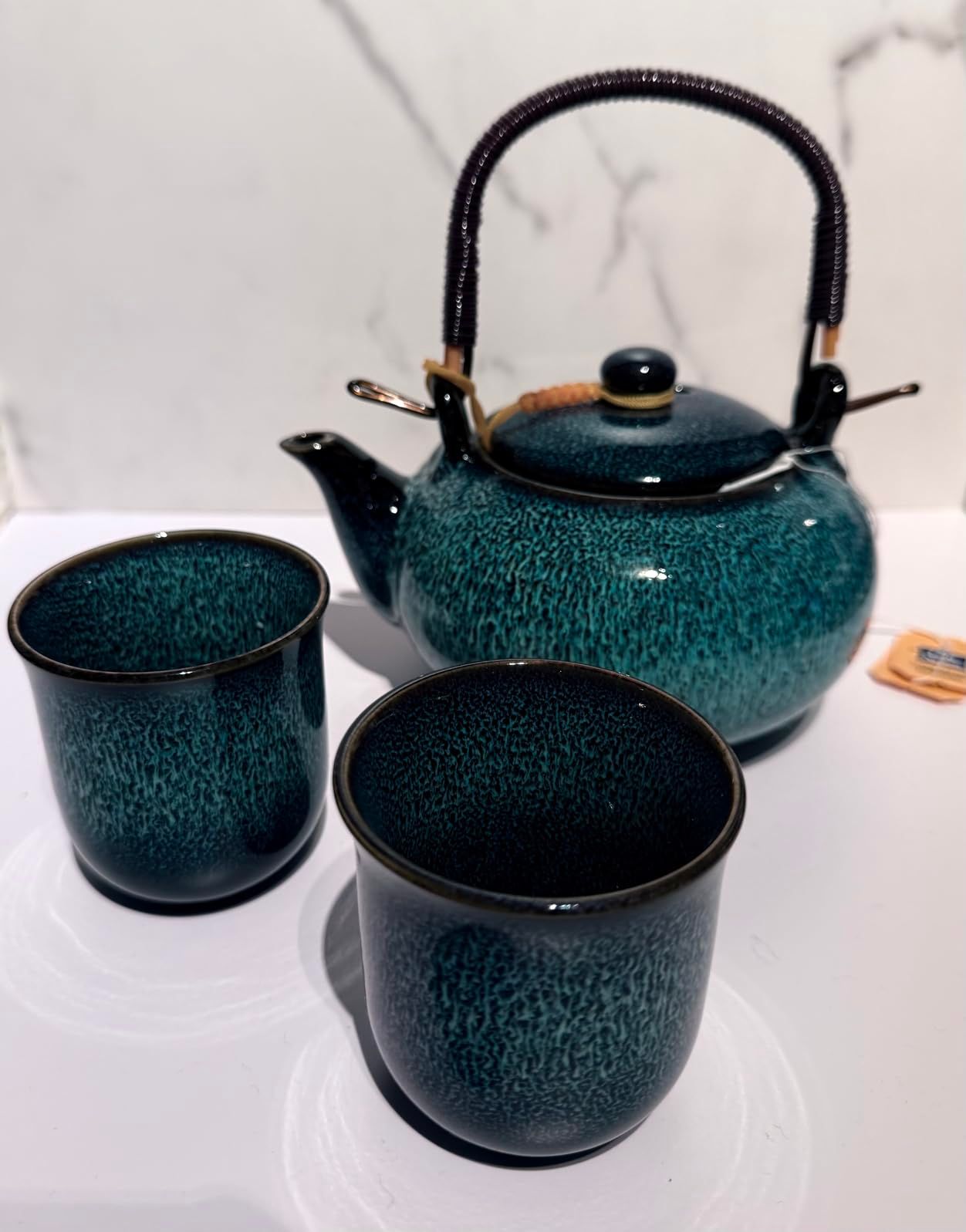 Service à thé chinois en céramique, théière de 600 ml et 6 tasses de 120 ml, service à thé kungfu changeant de four, théière asiatique pour les amateurs de thé, bleu