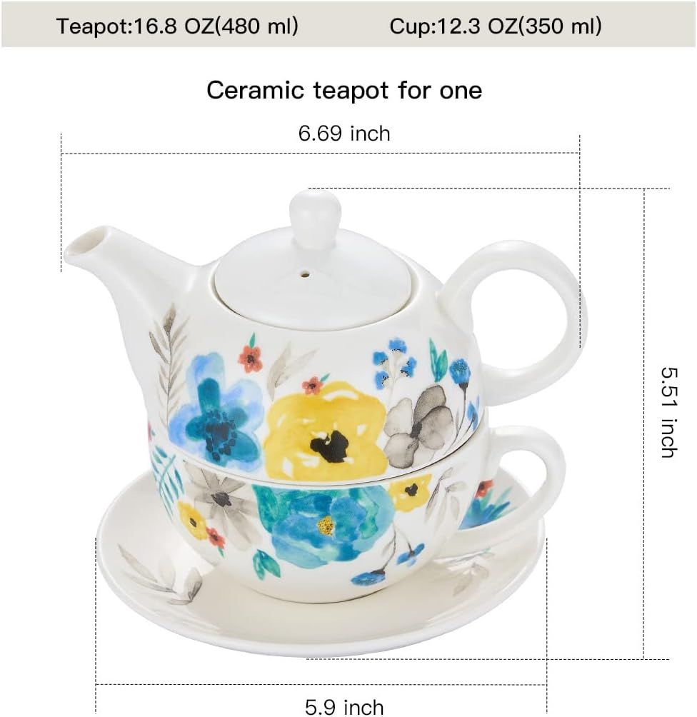 Service à thé en porcelaine pour une personne – Théière florale aquarelle peinte à la main et tasse, cadeau pour femme, fleurs florales