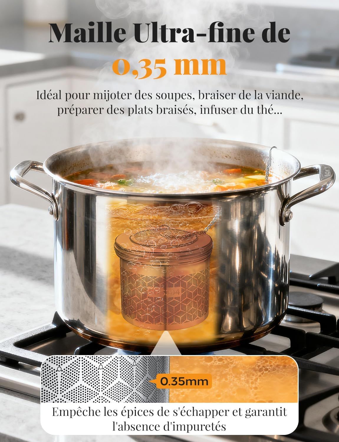 Grande Infuseur Thé, Filtre à Thé Avec Chaîne Rallongée et Crochet en S, Filtre Thé et Passoire à épices Acier Inoxydable 304, Filtre a The Mailles Fines pour Feuilles de Thé, les épices