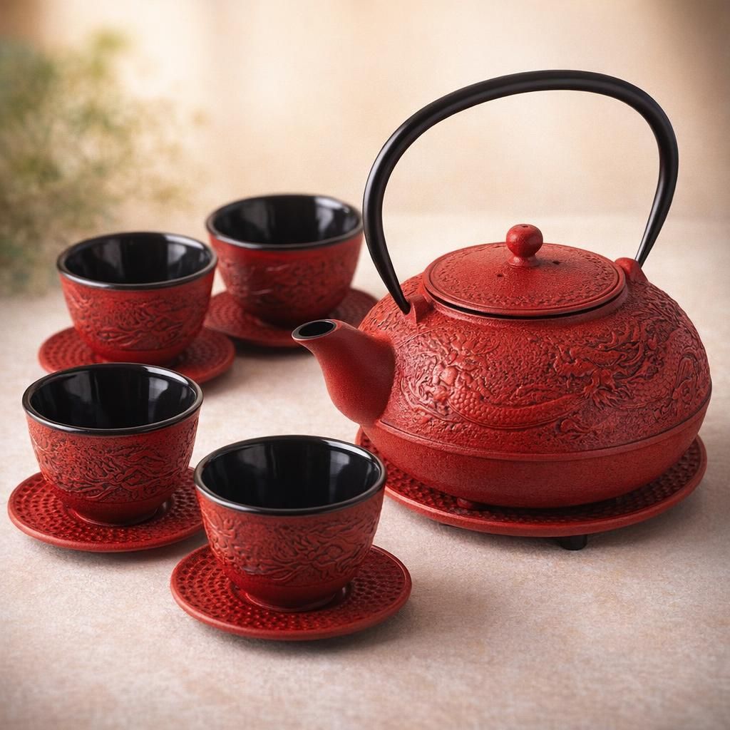 lachineuse - Service à Thé en Fonte Dragon Chinois - 1 Théière, 4 Tasses en Fonte & Filtre Infuseur - Capacité 0,8L - Décoration Japonaise Asiatique - Idée Cadeau Vaisselle Japonaise - Coloris Rouge