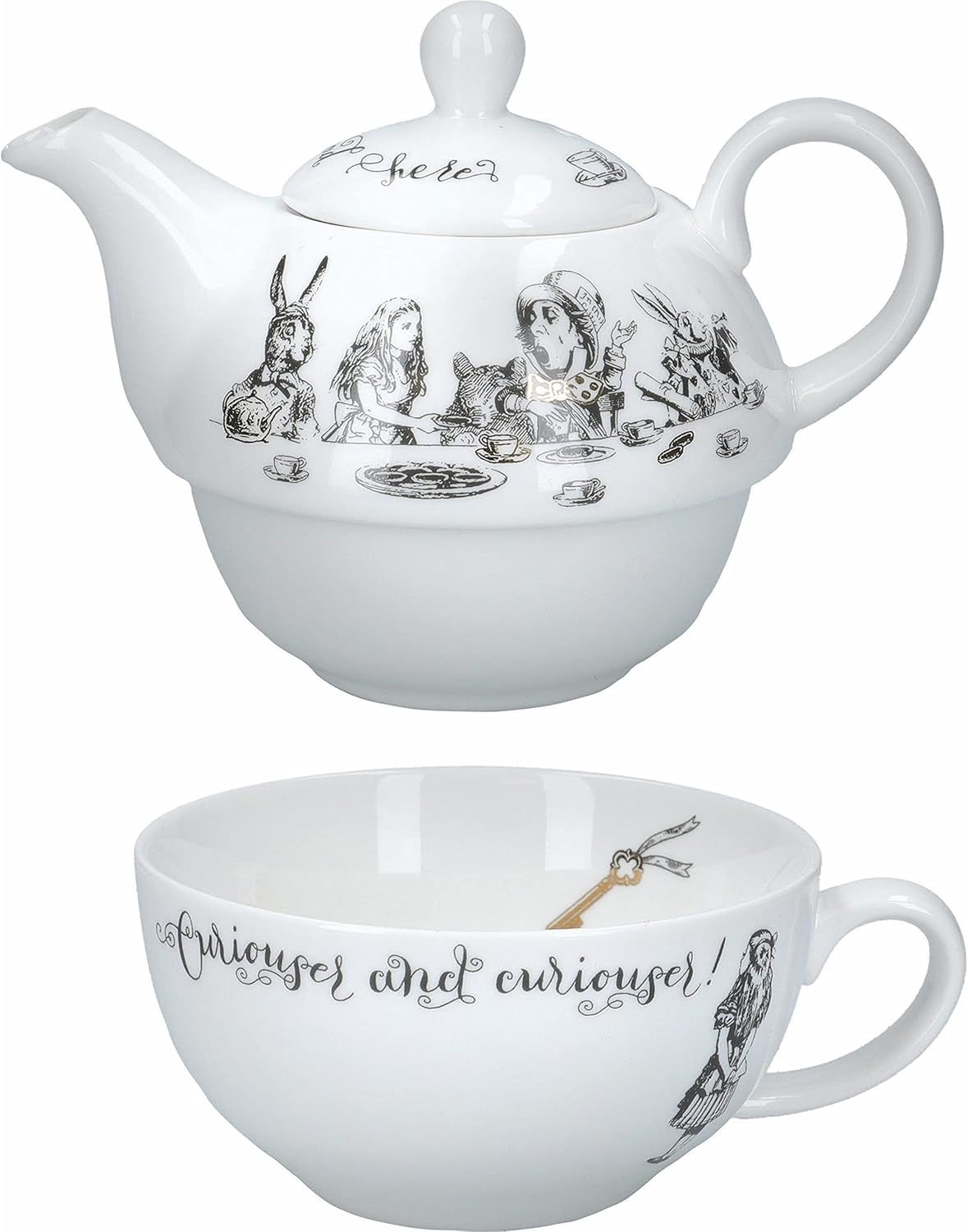 V&A Alice Au Pays Des Merveilles Théière Et Tasse Pour 1 Dans Un Coffret Cadeau, Service À Thé En Porcelaine Fine, Blanc, 250 Ml