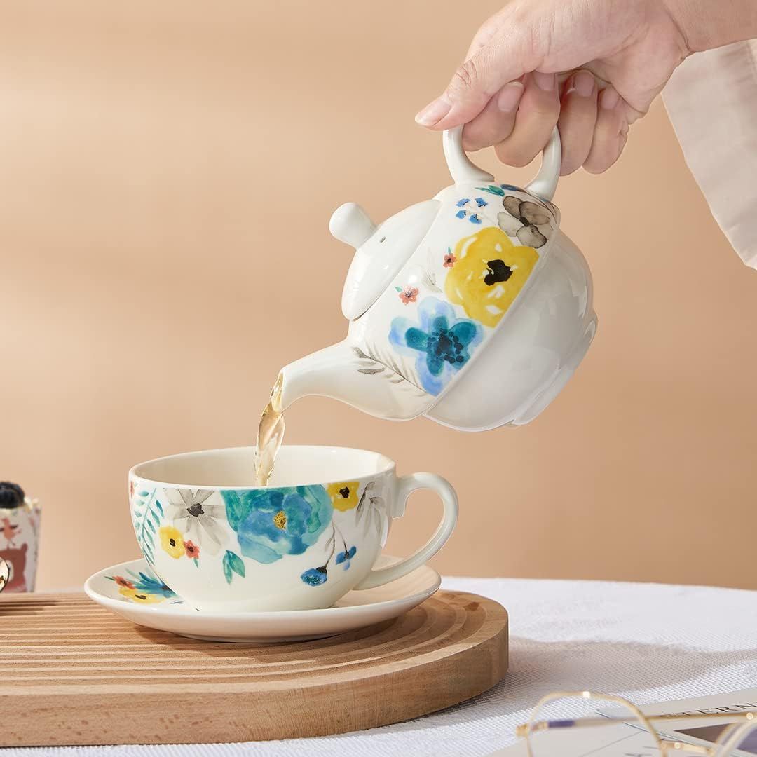 Service à thé en porcelaine pour une personne – Théière florale aquarelle peinte à la main et tasse, cadeau pour femme, fleurs florales