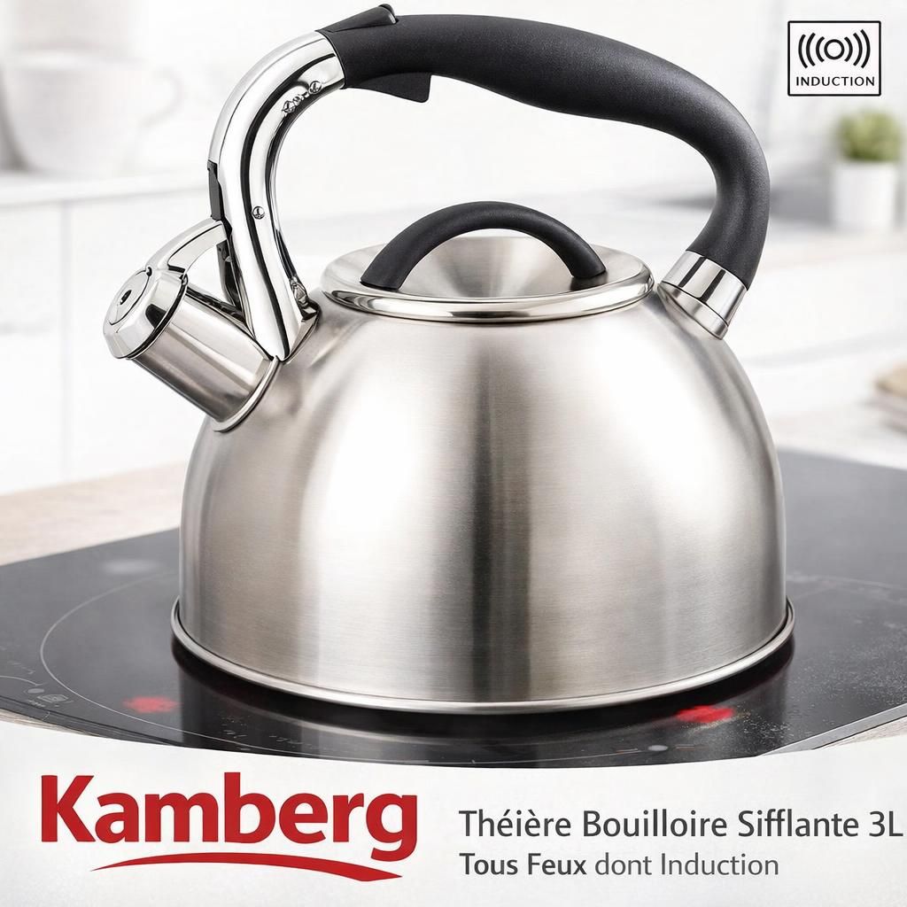 Kamberg - Théière Bouilloire sifflante 3 litres - Acier inoxydable - Poignée ergonomique - Tous Feux dont Induction - 0008113, Gris