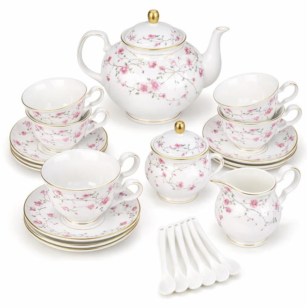 fanquare Fleurs Roses et Vignes Service à Thé de l’après-midi, 21 Pièces Ensemble de Théière en Porcelaine Britannique, Service à Café de Fête de Mariage Vintage, Service à Thé Adulte pour 6