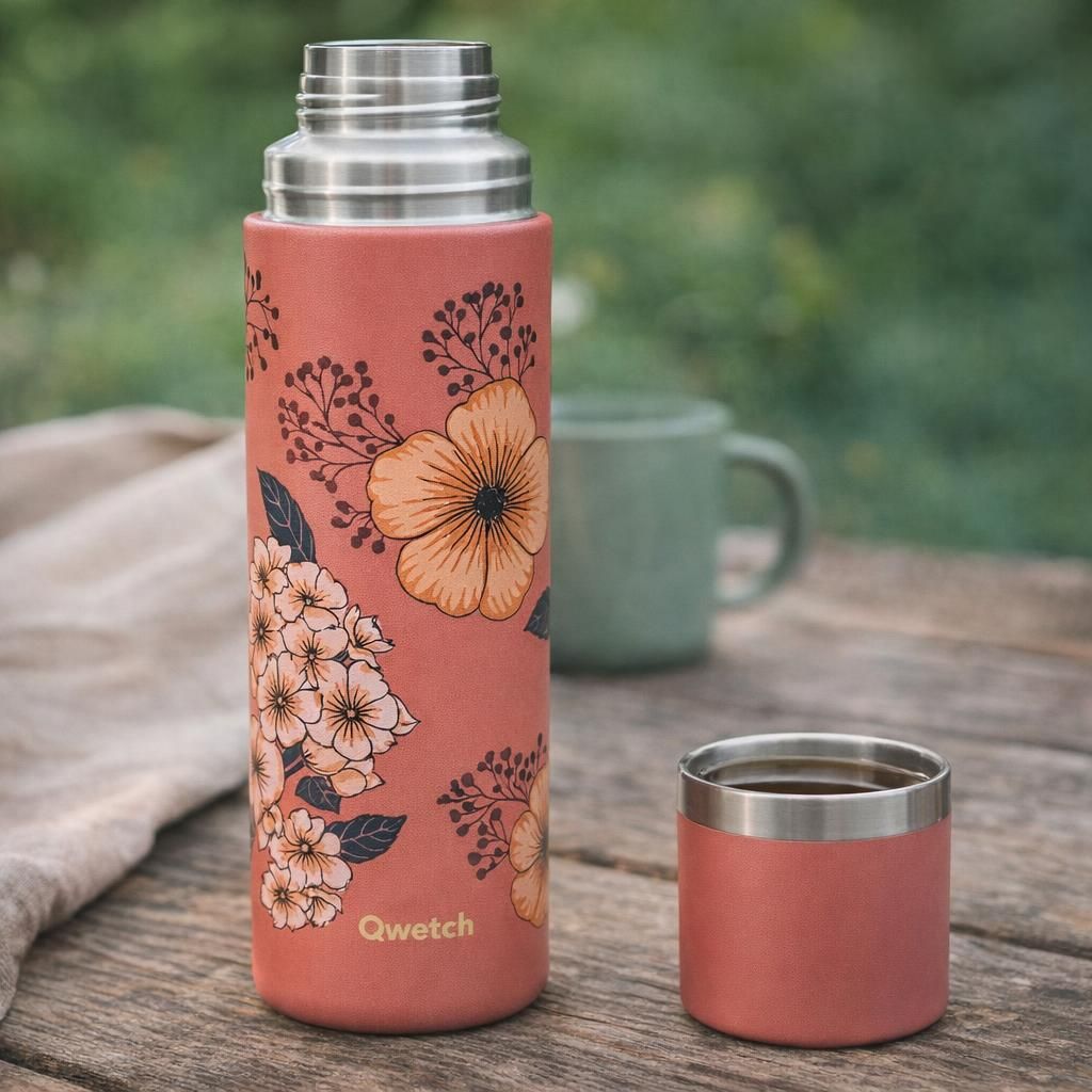Qwetch - Thermo Isotherme Anémones Terracotta 750ml - Thermo avec Gobelet Inox Recyclé - 24h Froid et 12h Chaud - Etanche & Idéale pour Café et Thé