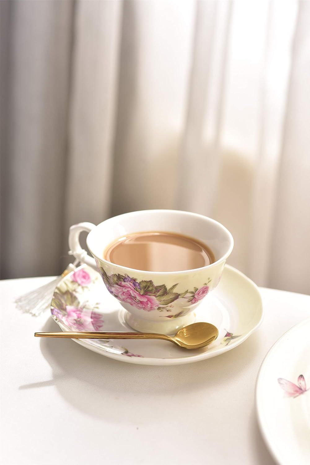 Lot de 3 Assiettes à café et soucoupes à Dessert Style Shabby Chic Vintage en Porcelaine avec Motif Oiseau et Papillon (crème/Beige)