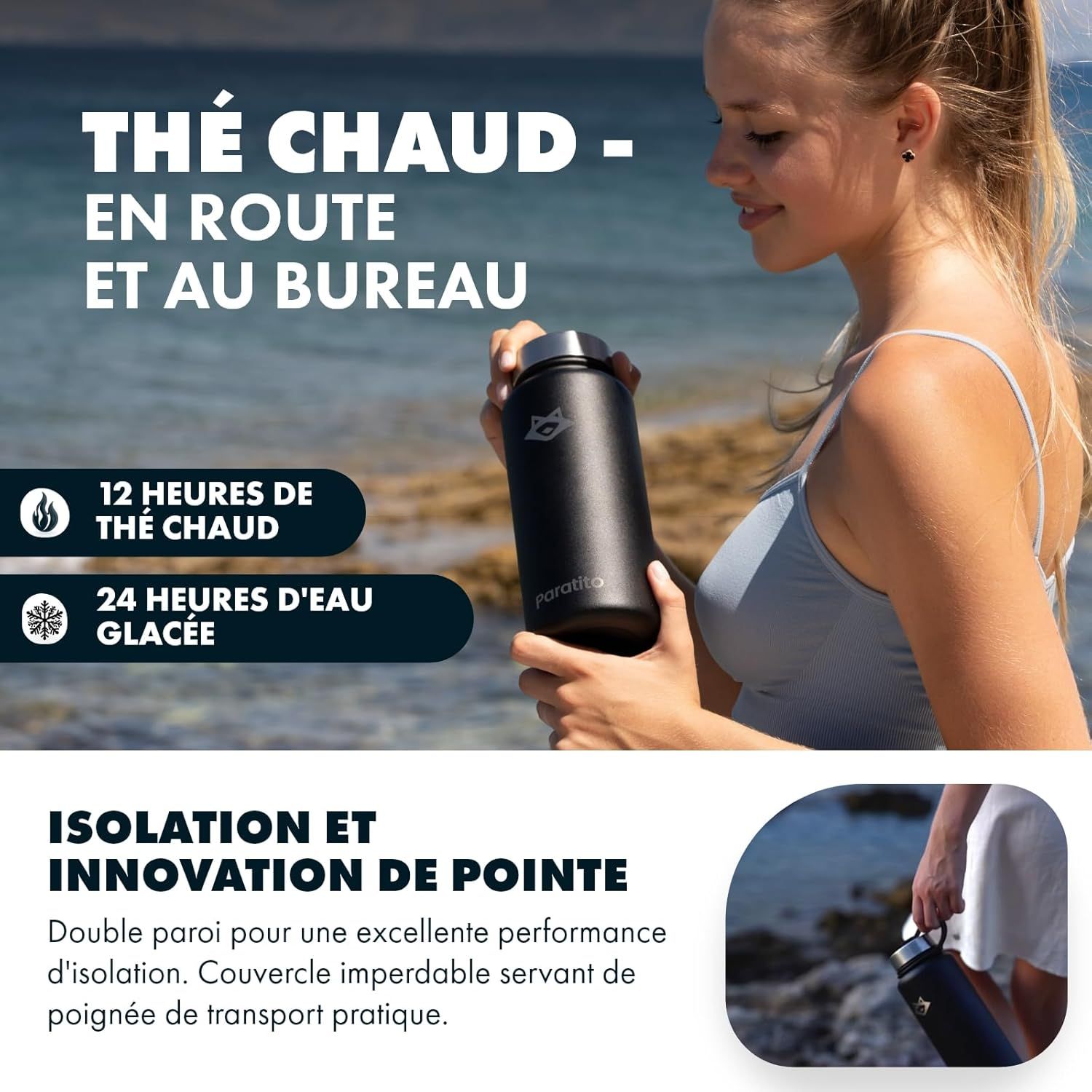 Thermos Thé et Café Isotherme avec Infuseur à Thé et Fruits – Gourde Infuseur Thé 1L en Acier Inoxydable – Bouteille Thermos pour Bureau, Yoga, Voyage – Théière avec Infuseur