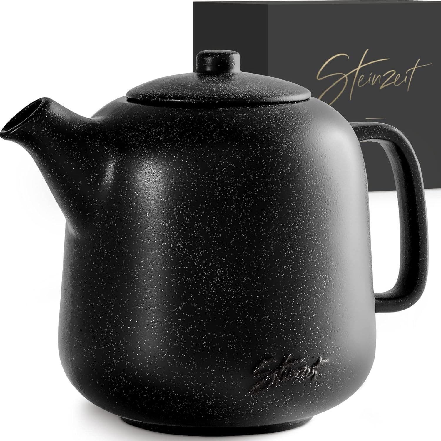 STEINZEIT Theiere avec infuseur design (1,3L) – Théière avec filtre en acier inoxydable 304 – Théière en céramique avec glaçure unique – Filtre amovible – noire