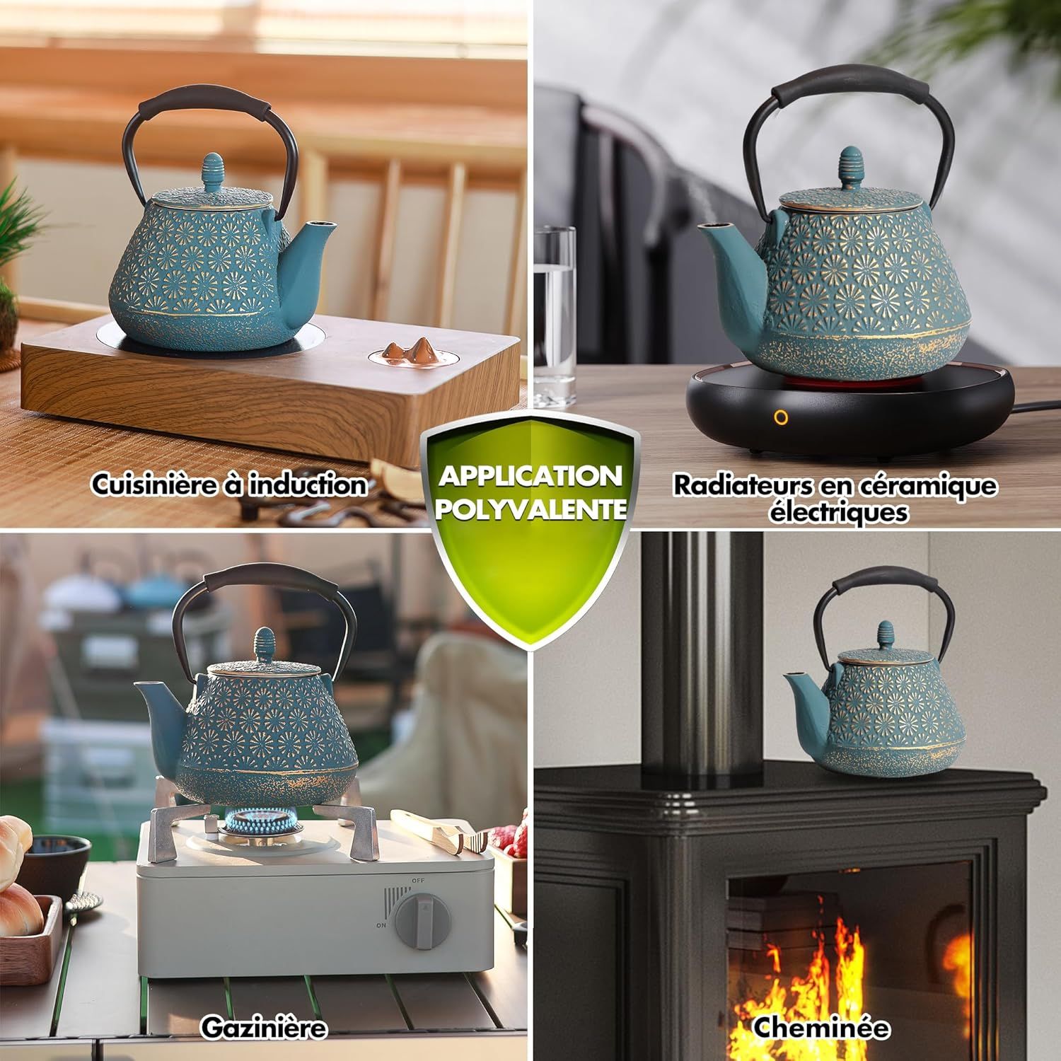 Théière en fonte japonaise à motif de sakura en émail, 950 ml, avec infuseur pour thé en feuille et café, poignée en silicone, sûre pour la cuisinière, 32 oz bleu