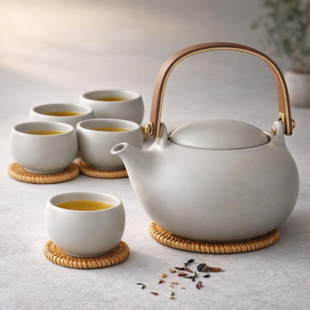 ZENS Theiere avec infuseur, Théière en japonaise avec 4 tasse pour le thé en vrac, gris céramique Théière avec filtre en acier inoxydable 304 pour les fleurs Thé, manche en bois moderne