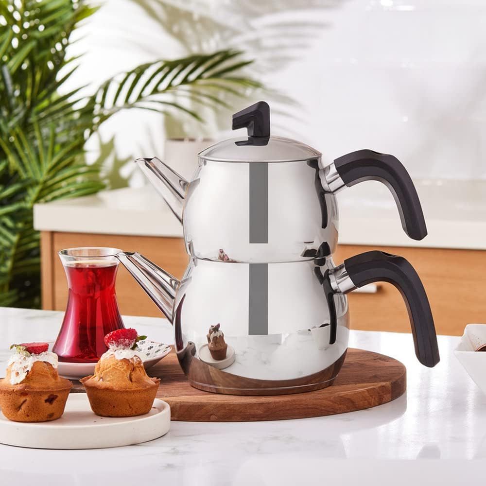 Karaca Belinay Ensemble théière noire moyenne en acier inoxydable, théière turque, bouilloire : 1 L, 1,6 L