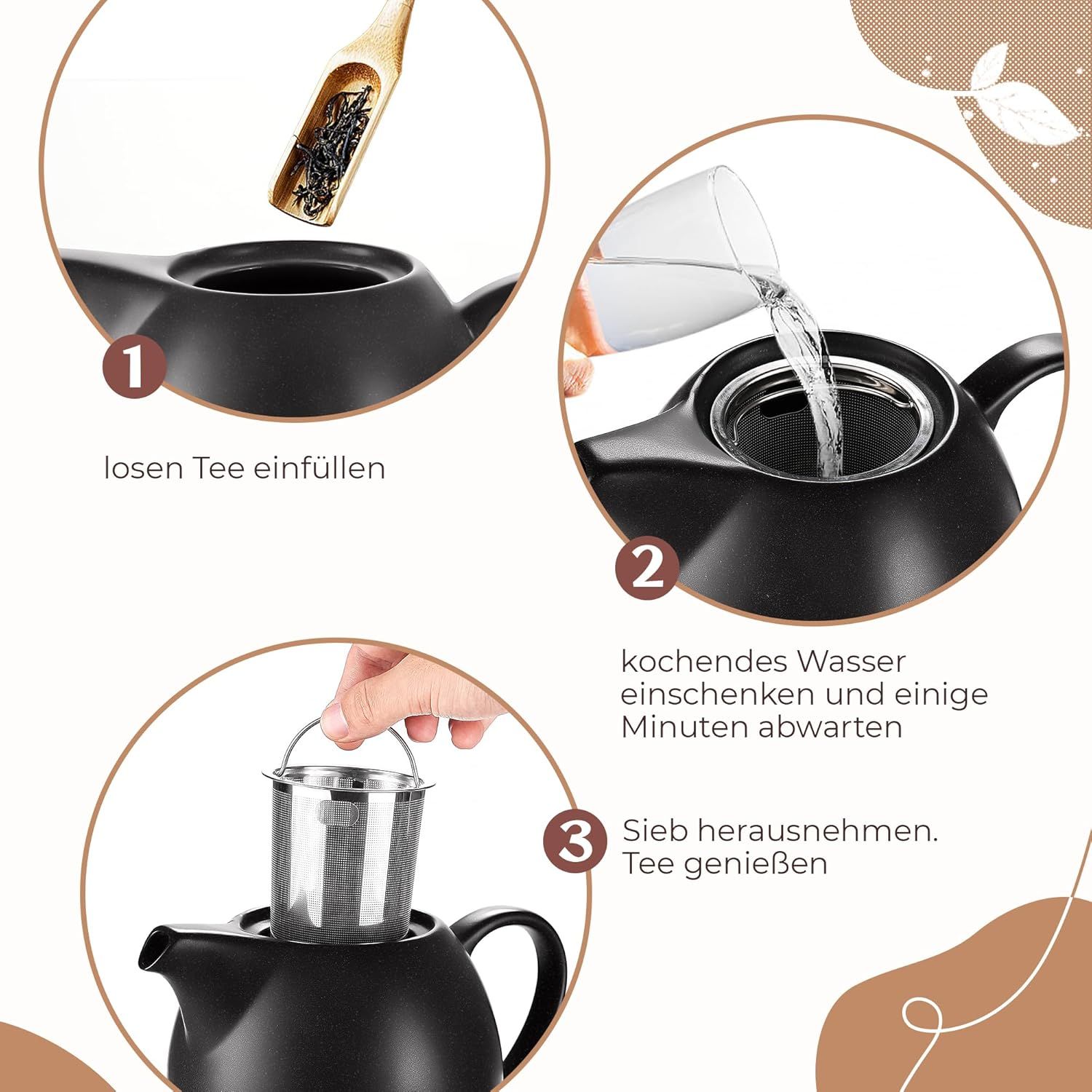 Théière en céramique avec infuseur - 1,2 l - Noir (anthracite) - Théière en céramique - Accessoire de thé pour thé en vrac