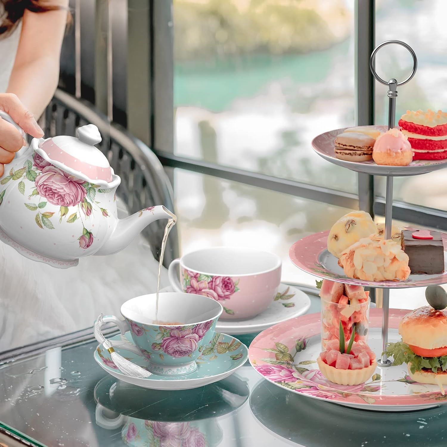 London Boutique Lot de 2 Tasses à thé et soucoupes en Porcelaine Anglaise Vintage Motif Floral Turquoise 200 m