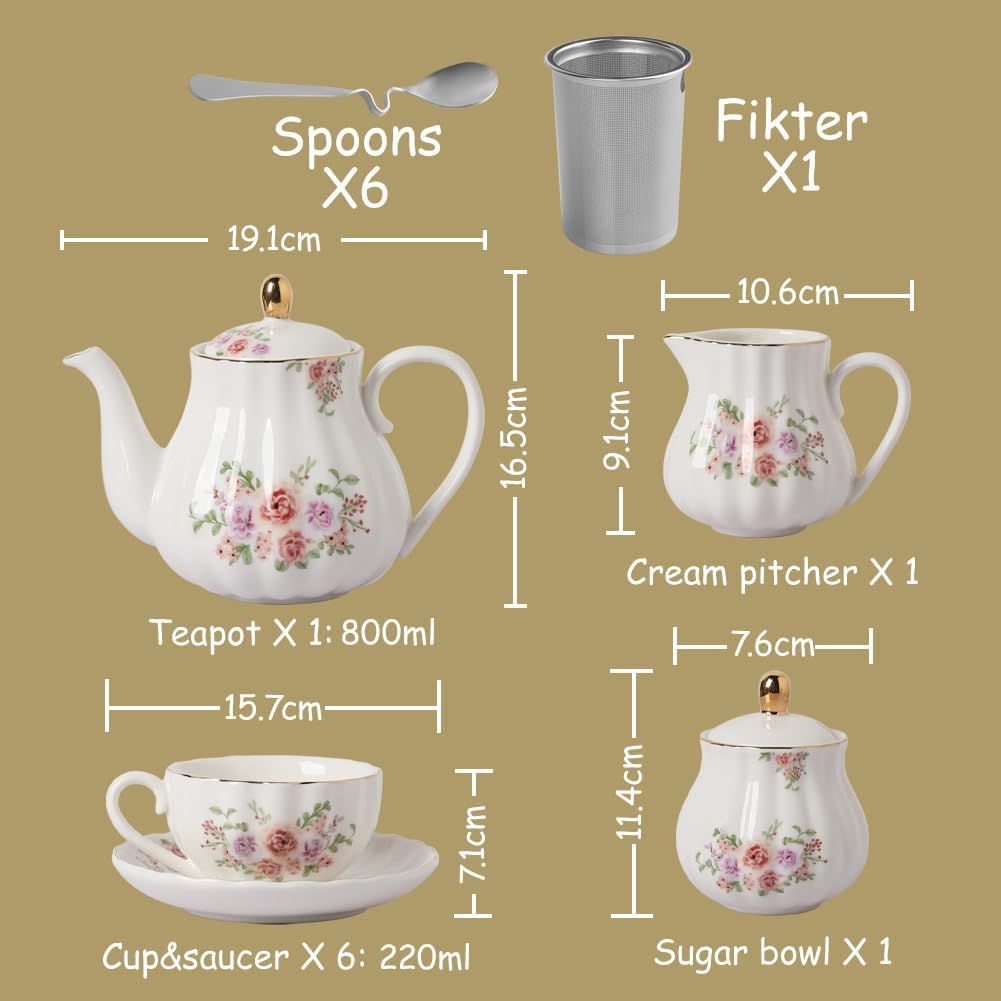 British Royal Series Service à thé en porcelaine avec tasses et soucoupe pour 6 personnes 225 ml avec théière, sucrier, pichet à crème, cuillères à café et passoire à thé