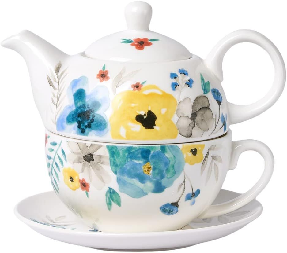 Service à thé en porcelaine pour une personne – Théière florale aquarelle peinte à la main et tasse, cadeau pour femme, fleurs florales