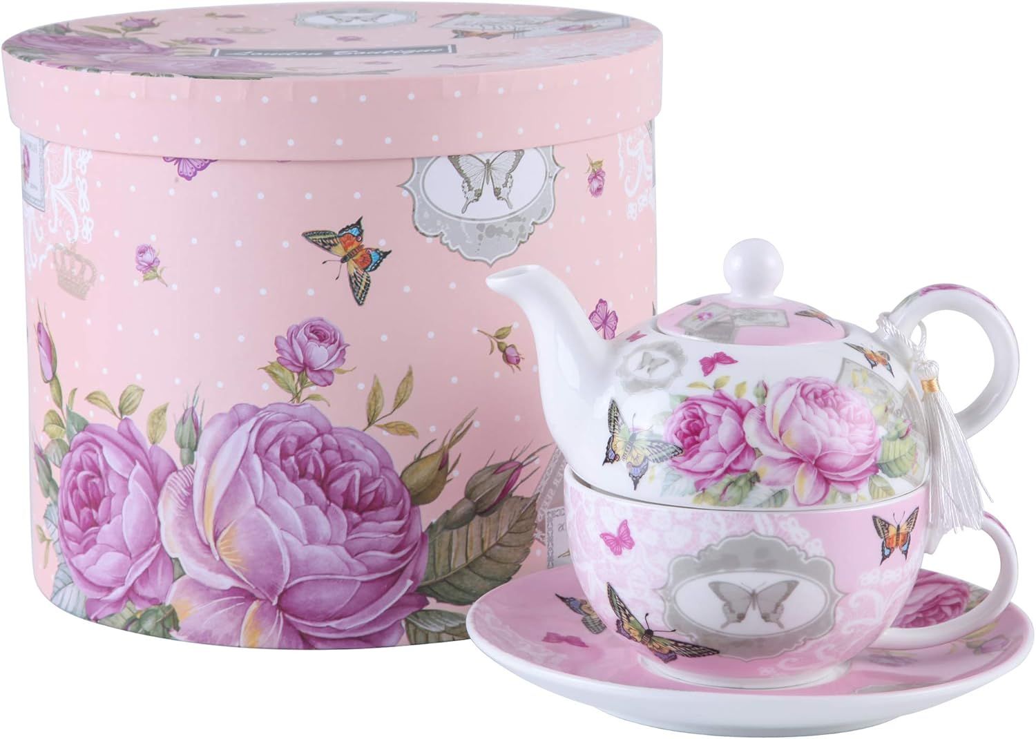 London Boutique Ensemble théière, tasse et soucoupe vintage en porcelaine pour 1 personne, motif floral avec rose et papillons, boîte-cadeau incluse