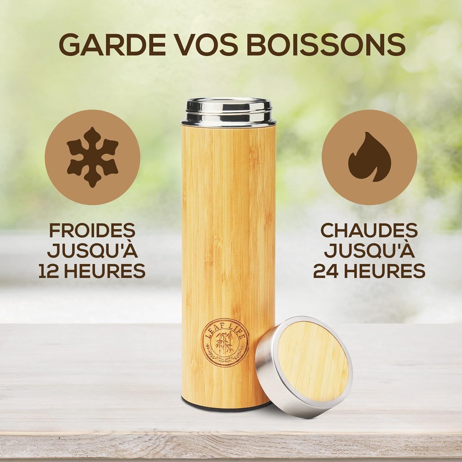 LeafLife Infuseur thé Bouteille en Bambou Premium avec Filtre 500ml – Préserve le Froid et la Chaleur pendant 12h – Bouteille infusion Isolée sous Vide