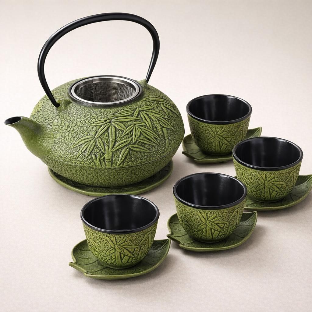 lachineuse - Service à Thé en Fonte Bambou - 1 Théière, 4 Tasses en Fonte & Filtre Infuseur - Capacité 0,8L - Décoration Japonaise Asiatique - Idée Cadeau Vaisselle Japonaise - Coloris Vert