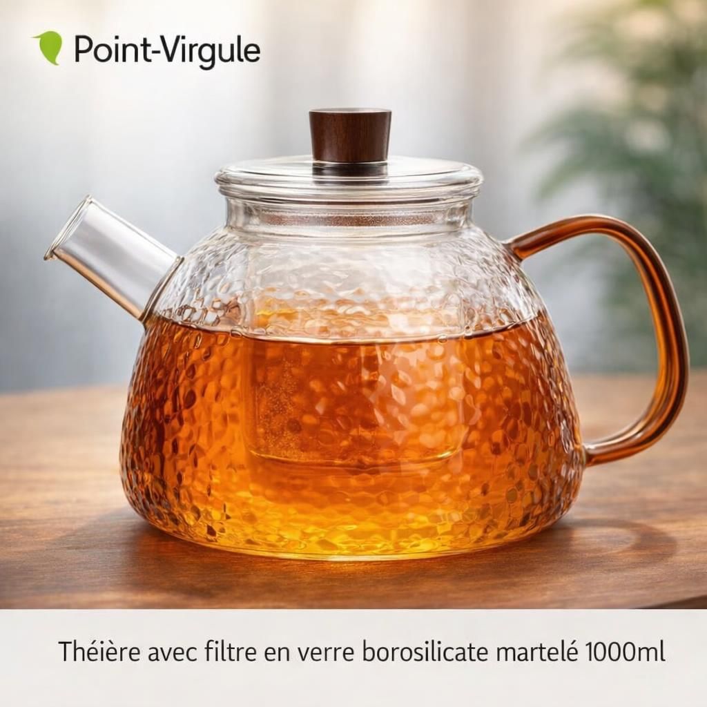 Point-Virgule théière avec filtre en verre borosilicate martelé 1000ml