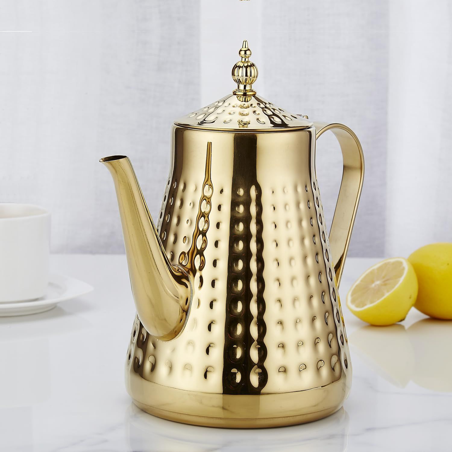 SANQIAHOME Théière en acier inoxydable 1800ml avec infuseur amovible,Théière vintage,Doré