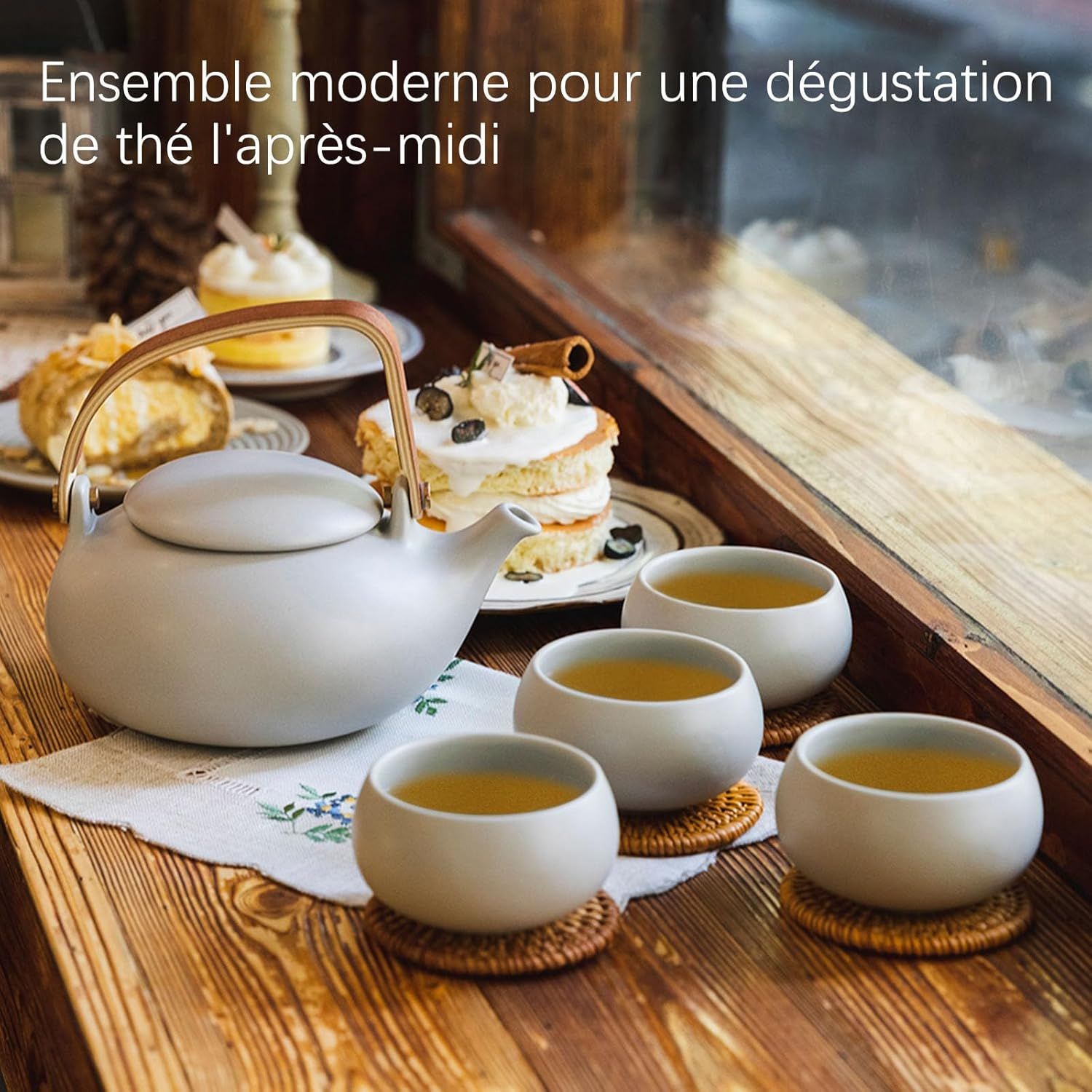 ZENS Theiere avec infuseur, Théière en japonaise avec 4 tasse pour le thé en vrac, gris céramique Théière avec filtre en acier inoxydable 304 pour les fleurs Thé, manche en bois moderne