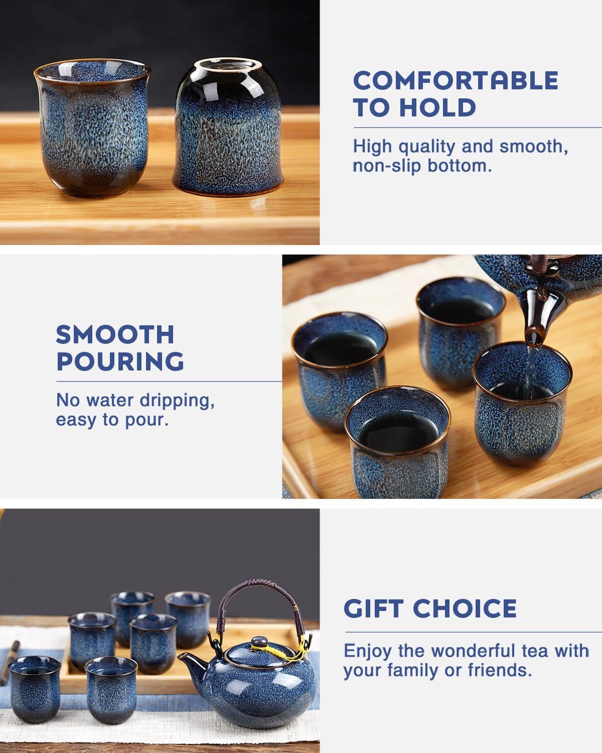 DUJUST Service à thé japonais - 8 pièces, en porcelaine avec 1 théière, 6 tasses et 1 plateau à thé, theiere unique pour adultes, bleu clair