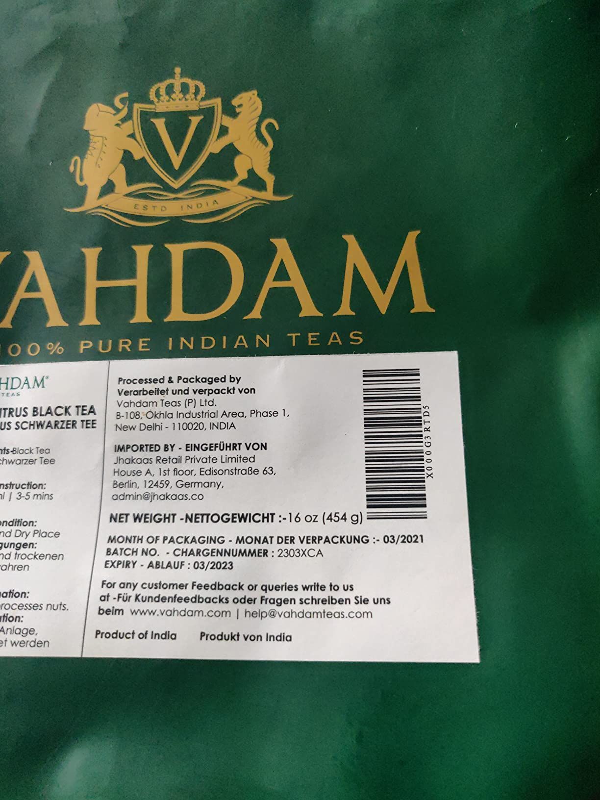 Earl Grey thé noir Vahdam - fraîcheur et qualité