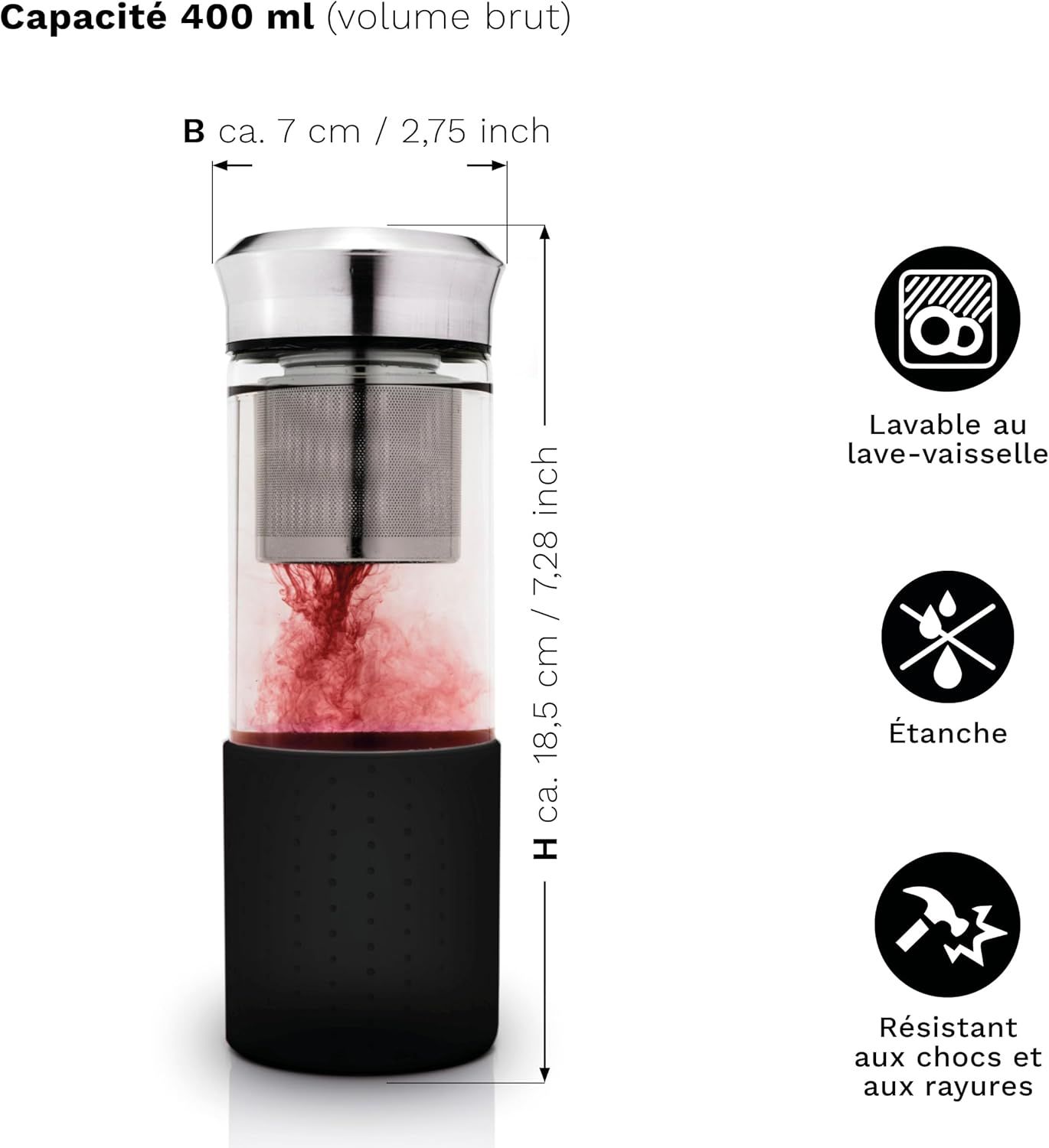 Creano „Teamaker“ 400ml – Théière Nomade & Bouteille à Thé en Verre avec Passoire Inox et Housse Néoprène – Bouteille Infuseur Étanche – Noir