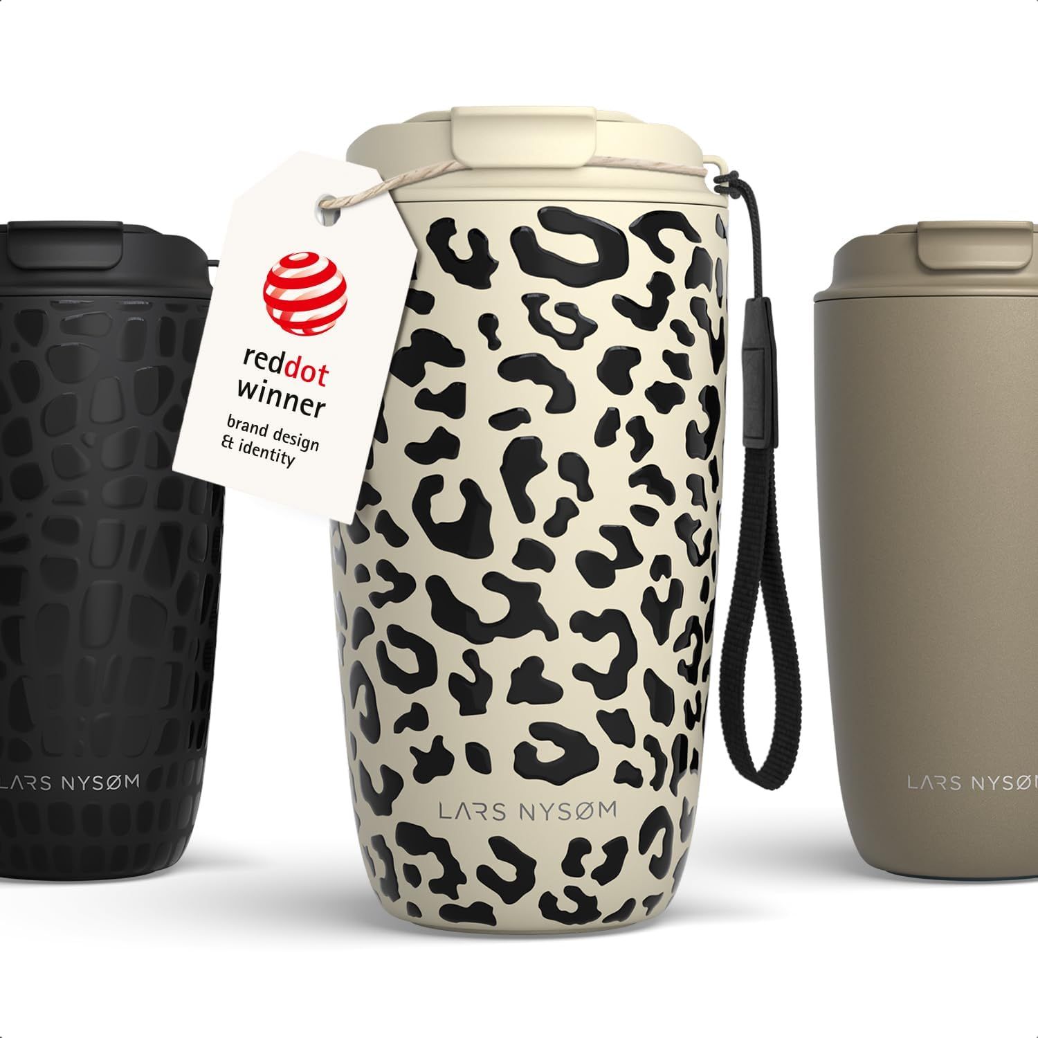 LARS NYSØM Mug Isotherme Cafe to-go avec sangle et couvercle en tritan 500ml | Tasse de voyage 0.5 L avec isolation | Tasse thermique avec design à motif en acier inoxydable (Beige/Leopard/Black)