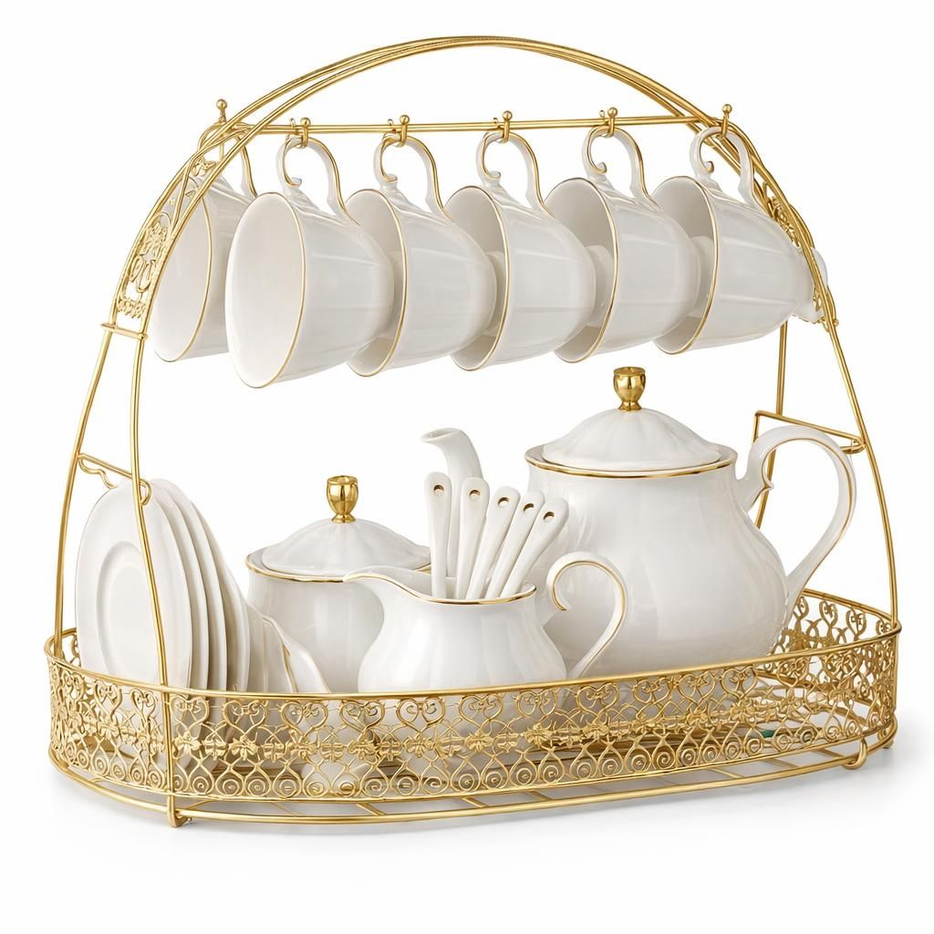 fanquare 15 Pièces Service à Thé Simple en Céramique Anglaise Blanche, Théière, Tasses en Porcelaine Osseuse pour Adultes, Cuillères Assorties, Service à Thé de L'Après-Midi Service à Café