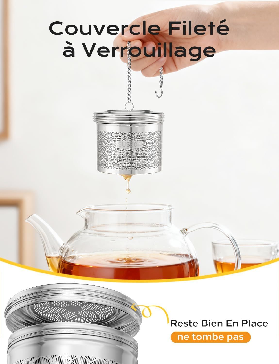 Grande Infuseur Thé, Filtre à Thé Avec Chaîne Rallongée et Crochet en S, Filtre Thé et Passoire à épices Acier Inoxydable 304, Filtre a The Mailles Fines pour Feuilles de Thé, les épices
