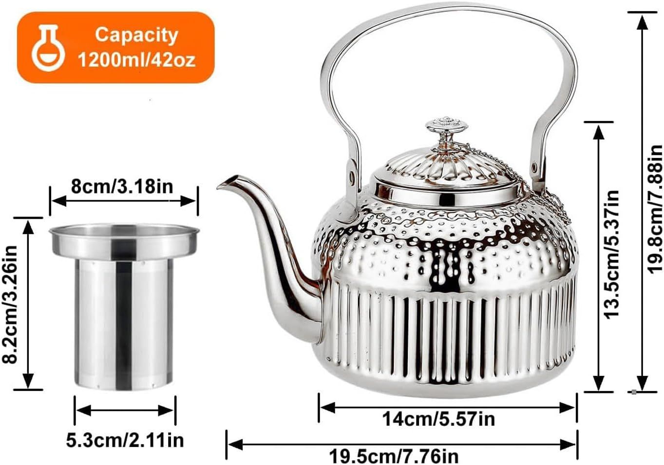 SANQIAHOME 1200ml Théière en acier inoxydable avec infuseur style rétro，argent