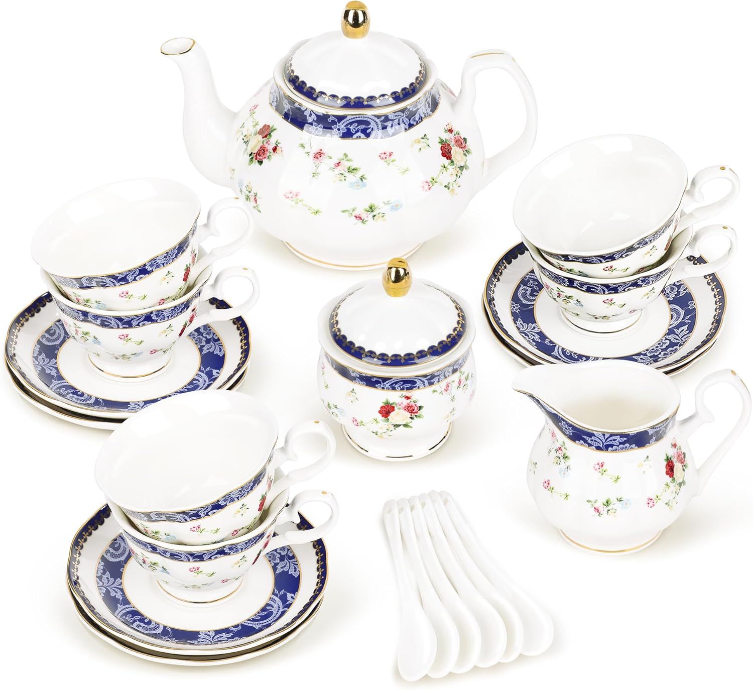 fanquare 21 Pièces Rose Bleue Ensemble de Thé Britannique pour l'après-midi, Ensemble de Théières en Porcelaine Moderne, Vintage Café Tasse et Soucoupe, Service à Thé Adulte pour 6 Personnes