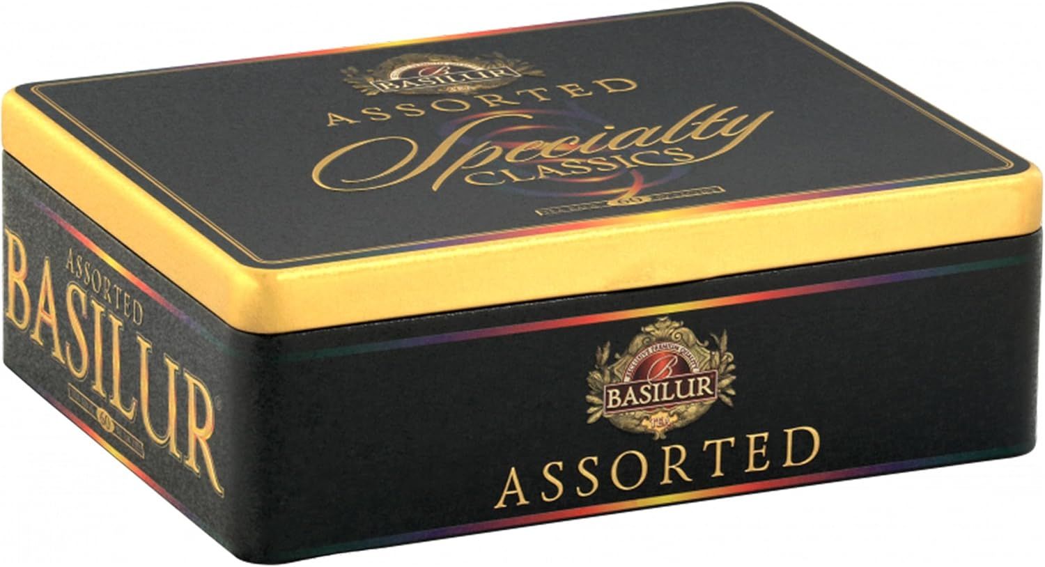 Thé noir aux fruits Basilur en sachets avec boîte décorative.