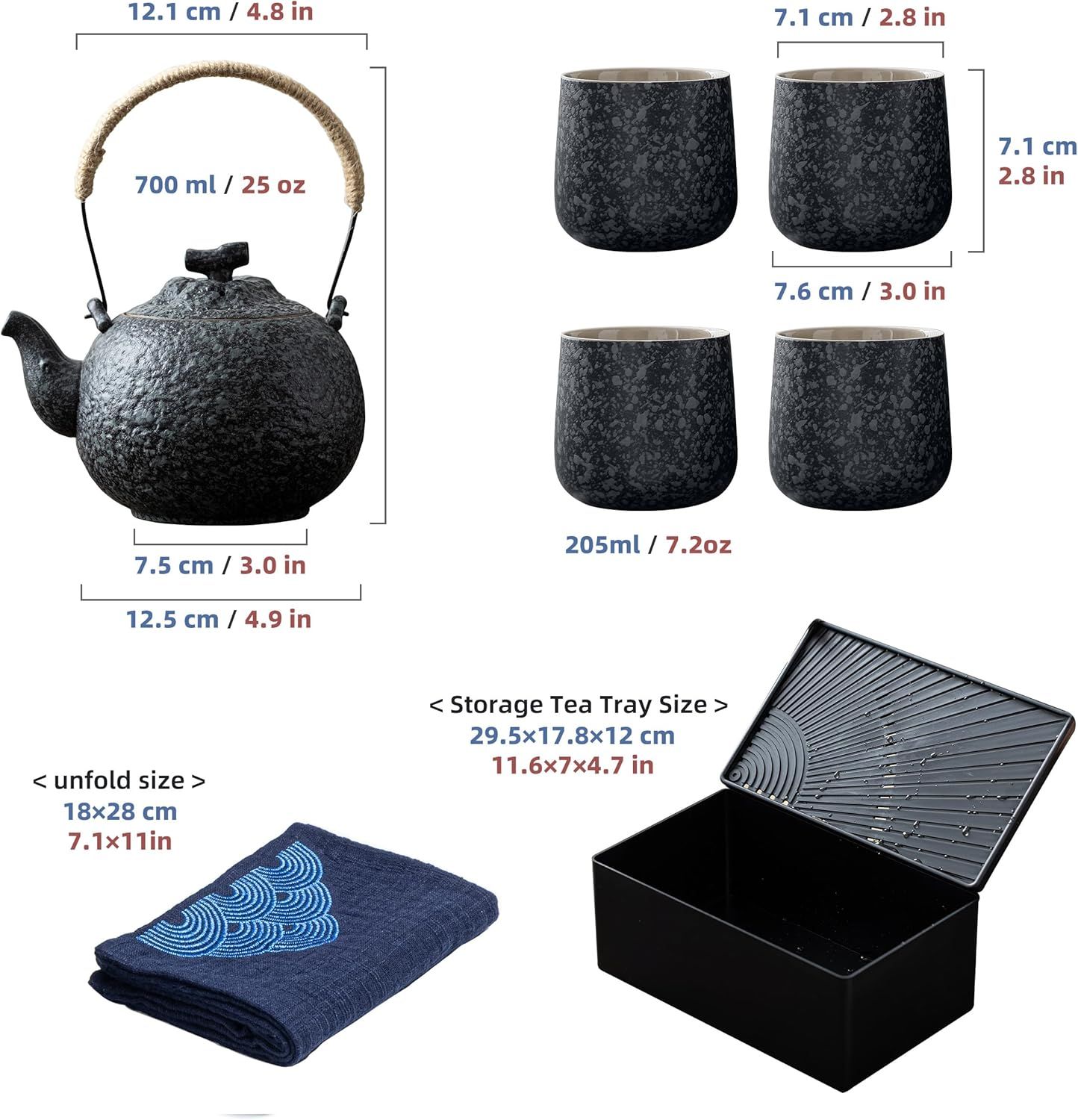 TEANAGOO Service à thé japonais portable, service à thé de voyage en porcelaine gris anthracite, 1 théière (700ml/25oz) + 4 tasses à thé (205ml/7.2oz), U2, étui de rangement pour plateau
