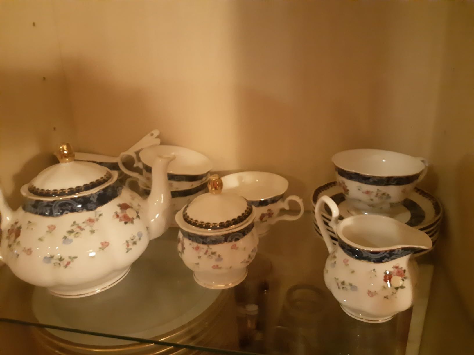 fanquare 21 Pièces Rose Bleue Ensemble de Thé Britannique pour l'après-midi, Ensemble de Théières en Porcelaine Moderne, Vintage Café Tasse et Soucoupe, Service à Thé Adulte pour 6 Personnes
