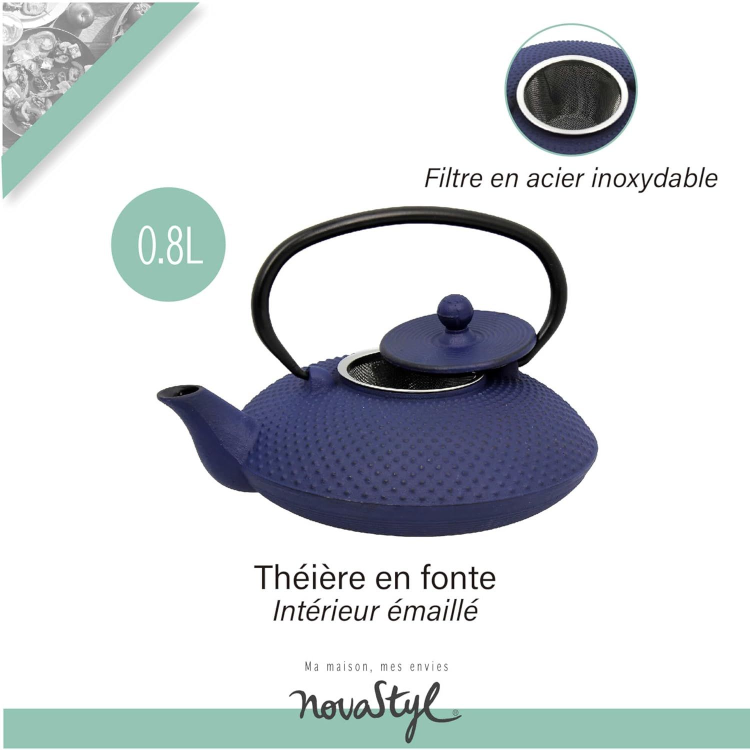 NOVASTYL - Théière en fonte Fuji bleue - 0,8L - Inspiré de l'art japonais - 7321629
