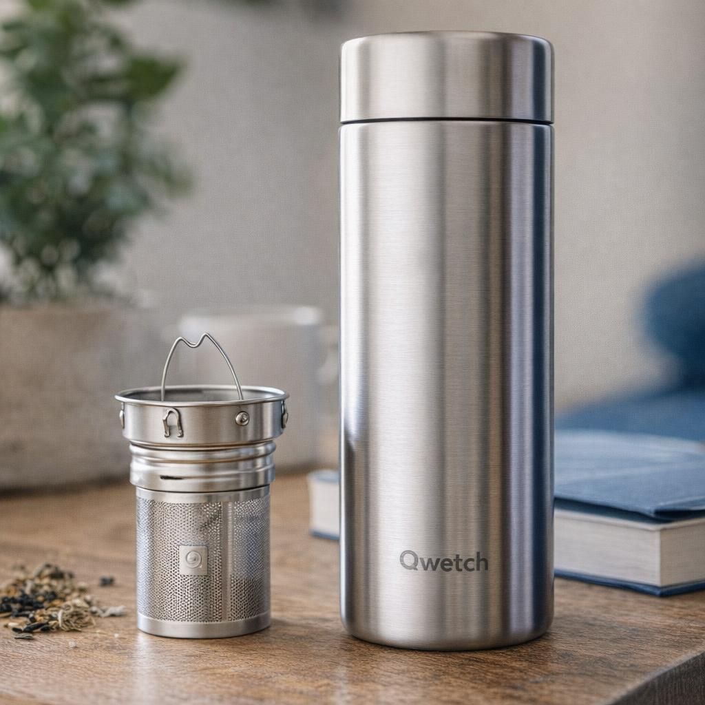 Qwetch - Théière Isotherme Nomade 400ml - Inox Brossé - Infuseur avec 2 Filtres - 12h Chaud / 24h Froid - Étanche, Réutilisable & Durable - Pour Thé, Café, Tisane, Fruits