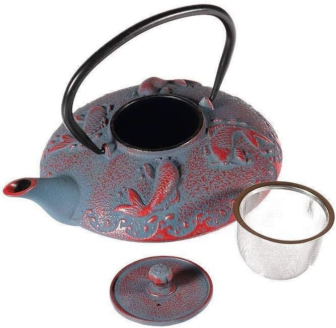 lachineuse - Théière Japonaise en Fonte - Carpes Koï - Avec Filtre Infuseur - Capacité 0,8L - Décoration Japonaise Asiatique - Théière Traditionnelle Nipponne - Service du Thé - Coloris Gris & Rouge