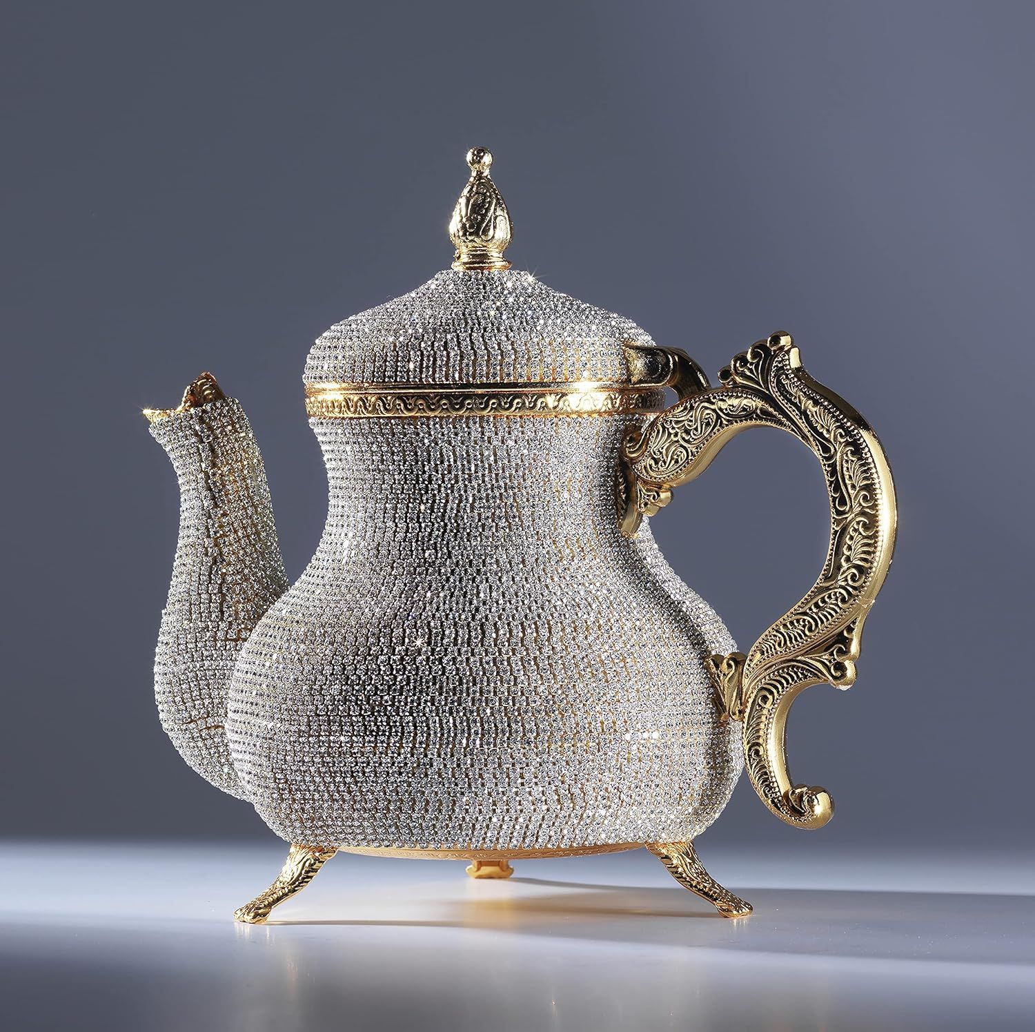 DEMMEX Théière artisanale turque marocaine arabe décorative dorée avec strass en cristal, 1,2 kg, 20,3 x 17,8 cm