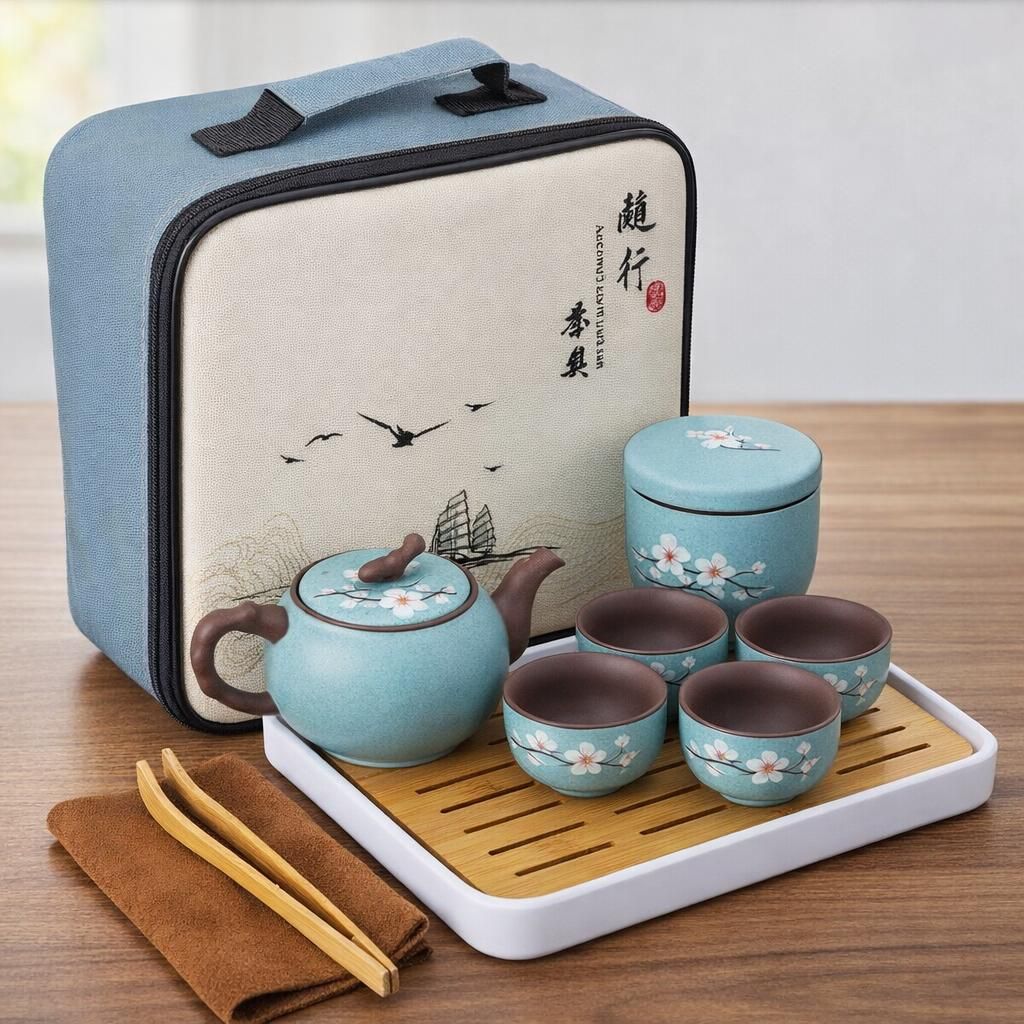 fanquare Portable Kungfu Service à Thé Japonais,Service à thé Zisha Kung Fu aux Fleurs de Cerisier pour Adultes, Une Théière, 4 Tasses à Thé,1 Boîte à Thé et Sac de Voyage
