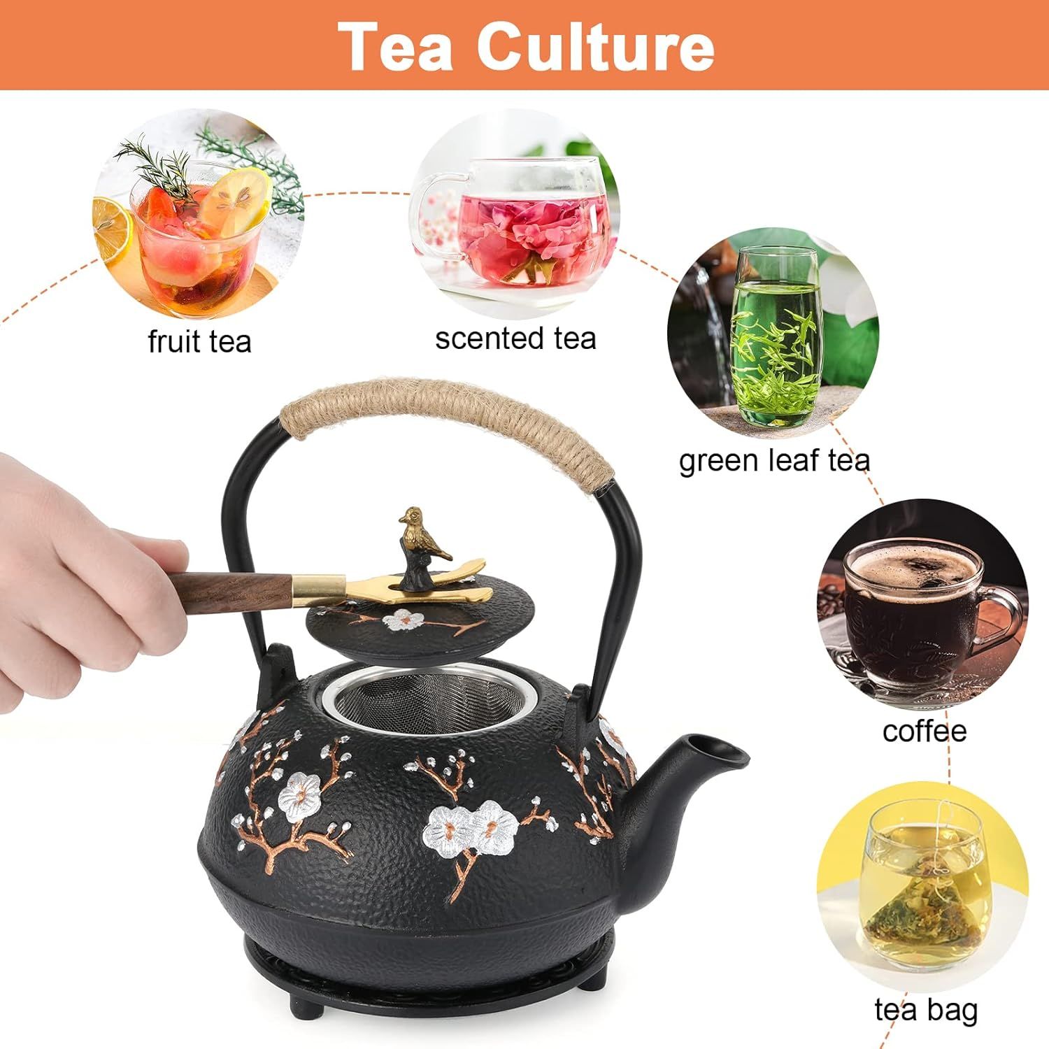 Dyna-Living Théière en fonte japonaise de 1200 ml avec infuseur, émail brillant à l'intérieur, théière en forme de fleur de prunier avec tasses, support, pot en fer pour cuisinière